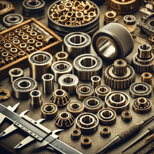 Bronze alloy bushings and bearings of various sizes displayed on a workshop table with precision tools in the background.