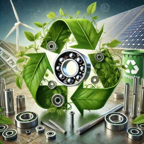 Eco-friendly bronze bushings and bearings intertwined with green leaves, with recycling symbols and renewable energy sources in the background