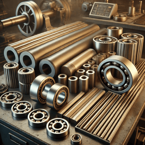 Bronze cast bars and solid metal bearings, including plain and flanged designs, arranged in a workshop setting with assembly tools in the background.