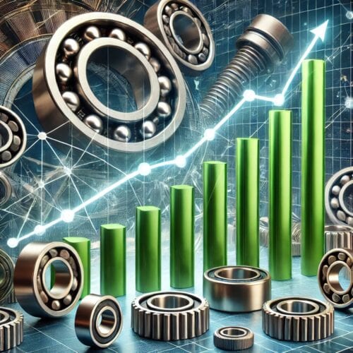 Graph showing rising metal prices with upward-trending lines, surrounded by industrial components like bearings, bushings, and metal bars.